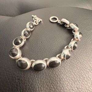 Vintage Mexican Oval Sterling Silver & Black Onyx Inlay Link Toggle Bracelet 7in